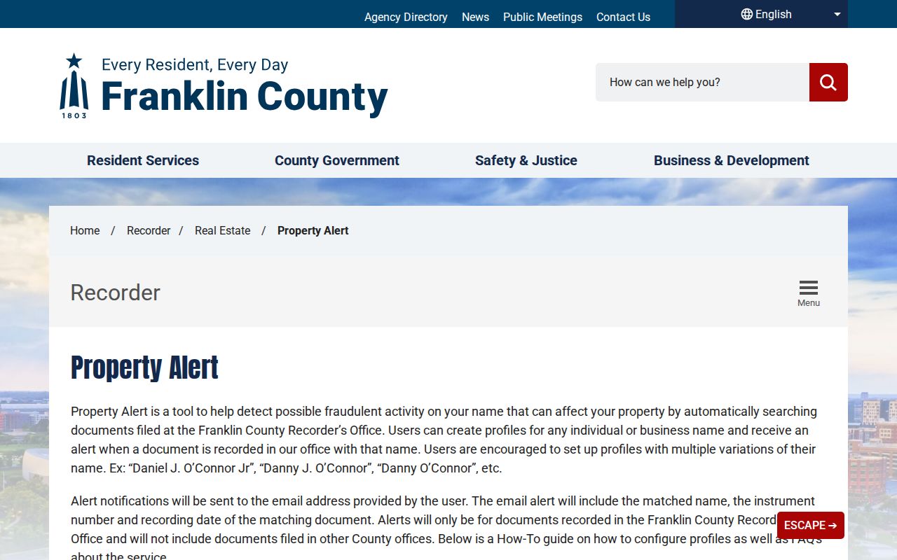 Westerville neighbors Franklin County Recorder Property Alert