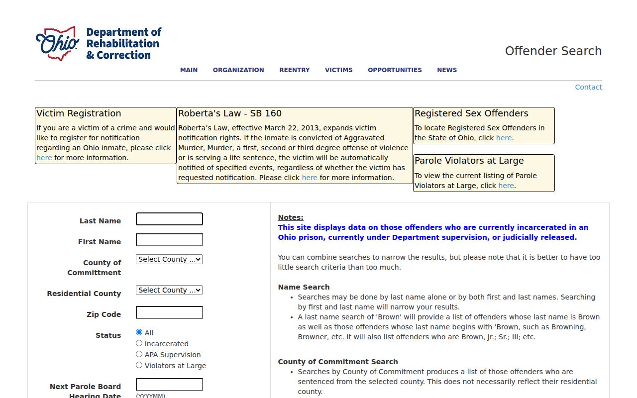 Westerville resident lookup showing the Ohio DRC Offender Search scope